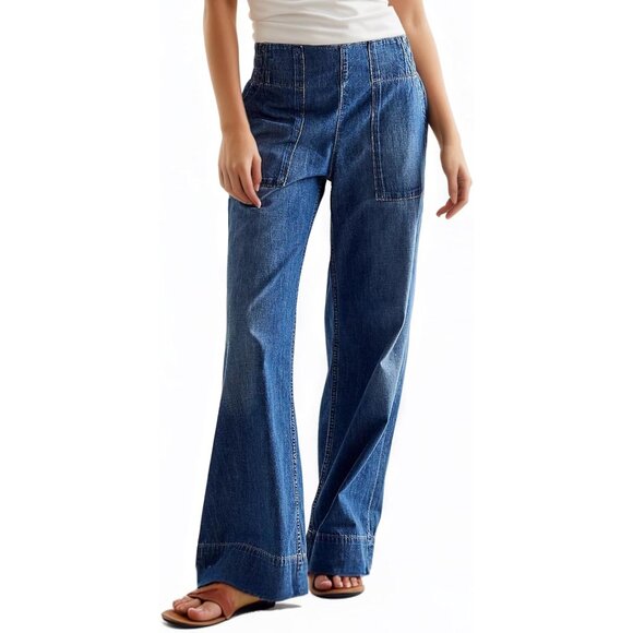 Denim - Women's Wide Leg Jeans Casual Cotton Size Medium Flared Trousers